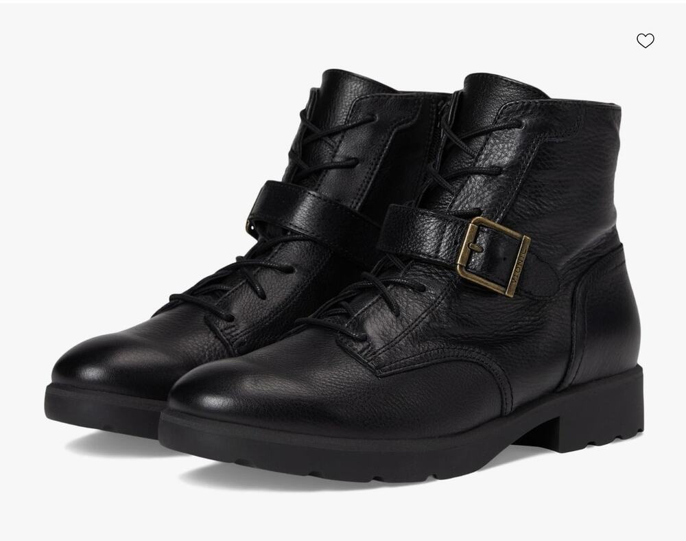 Vionic Catina Lace-Up Boots Black Leather Size 8 NWOB Buckle Detail Arch Support